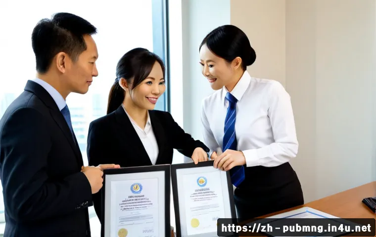 공공관리사 자격증을 통한 경력 개발 성공 사례 - Photorealistic career success scene in a modern public service office, confident East Asian professi...